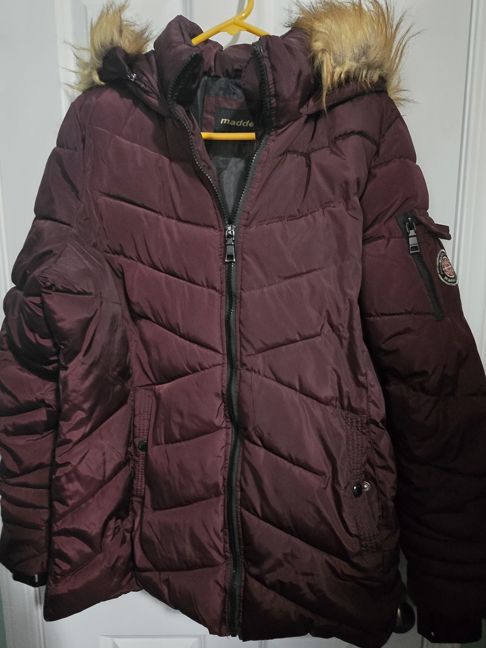 Madden NYC Junior / Girls Burgundy Quilted Puffer Coat with Faux Fur Trim
